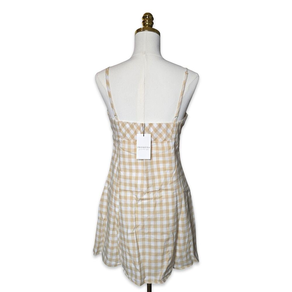 Promesa Gingham Mini Dress L Tan White Plaid Bustier Fit Flare Cottagecore NWT - Picture 2 of 15